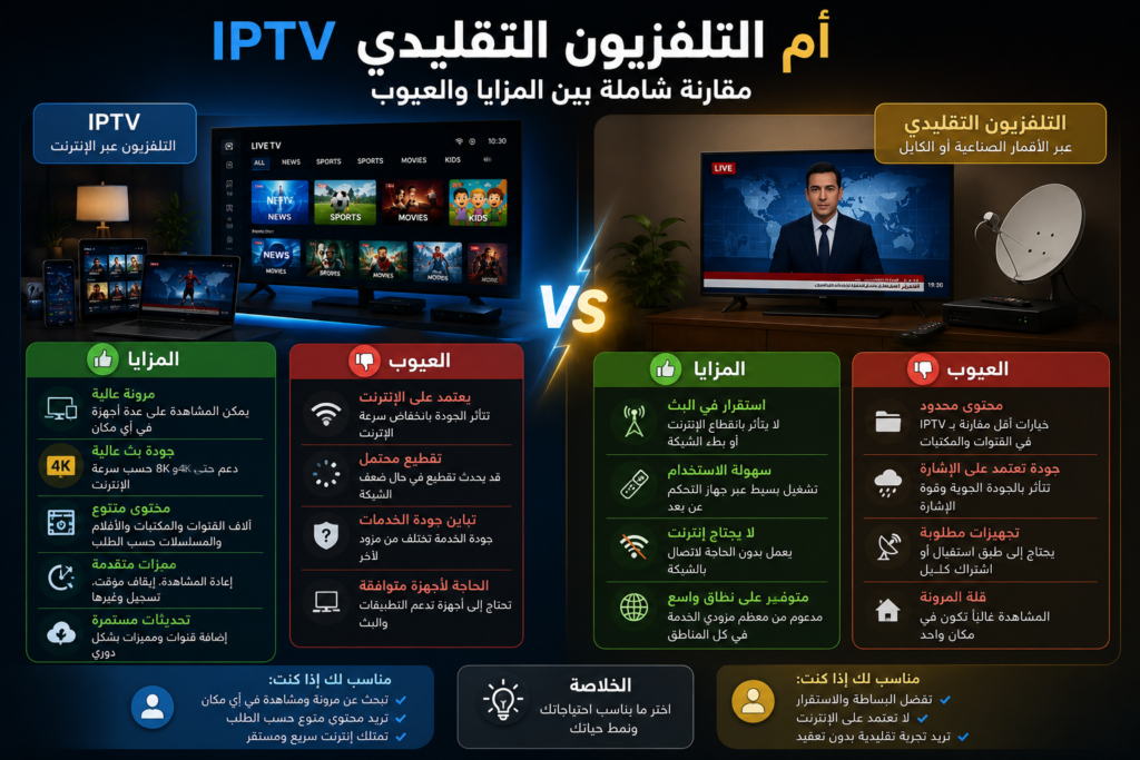 IPTV أم التلفزيون التقليدي؟ مقارنة شاملة بين المزايا والعيوب